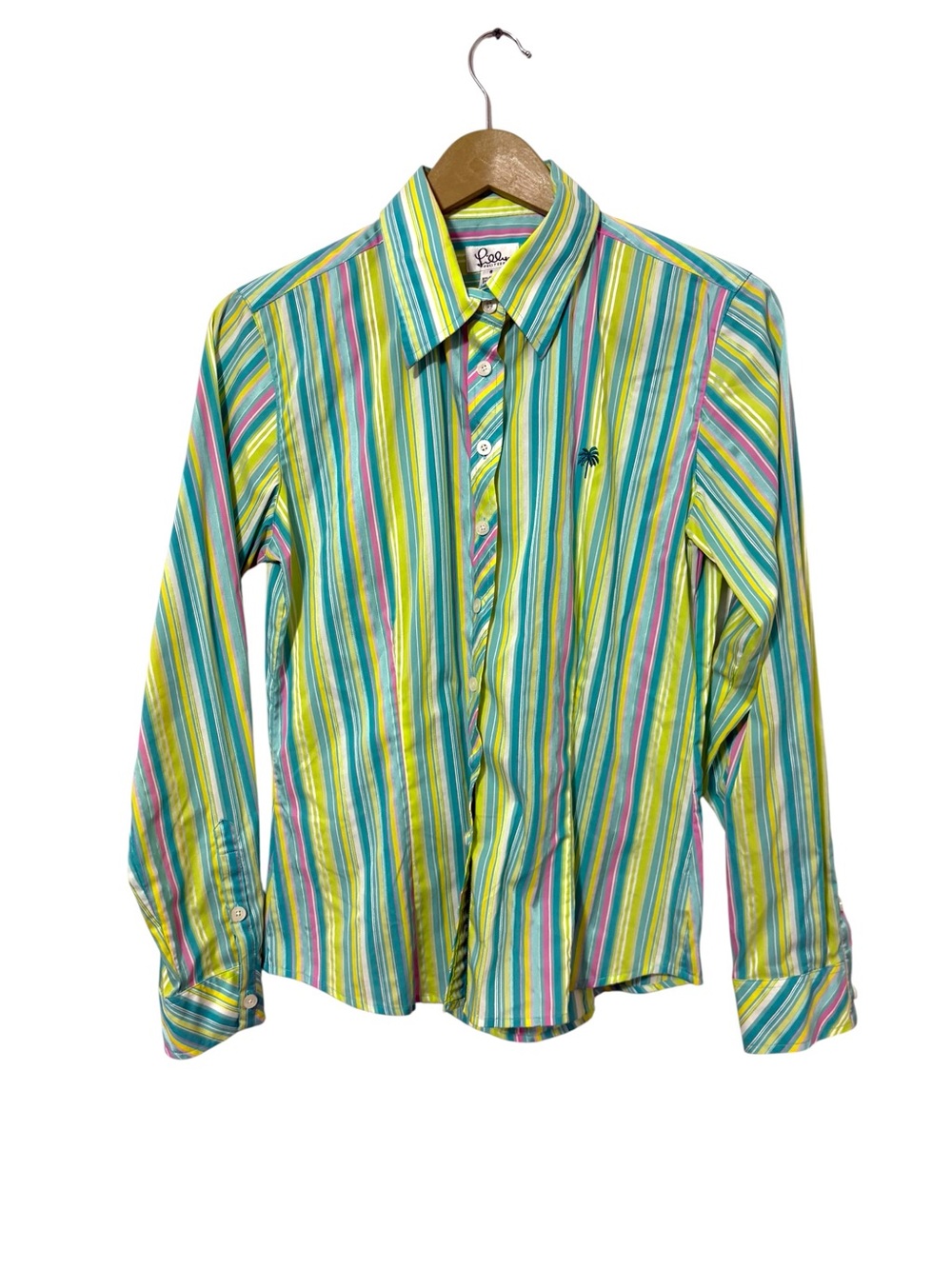 Vintage Lilly Pulitzer Size 8 Green Pink Striped Button Up Shirt Business Preppy